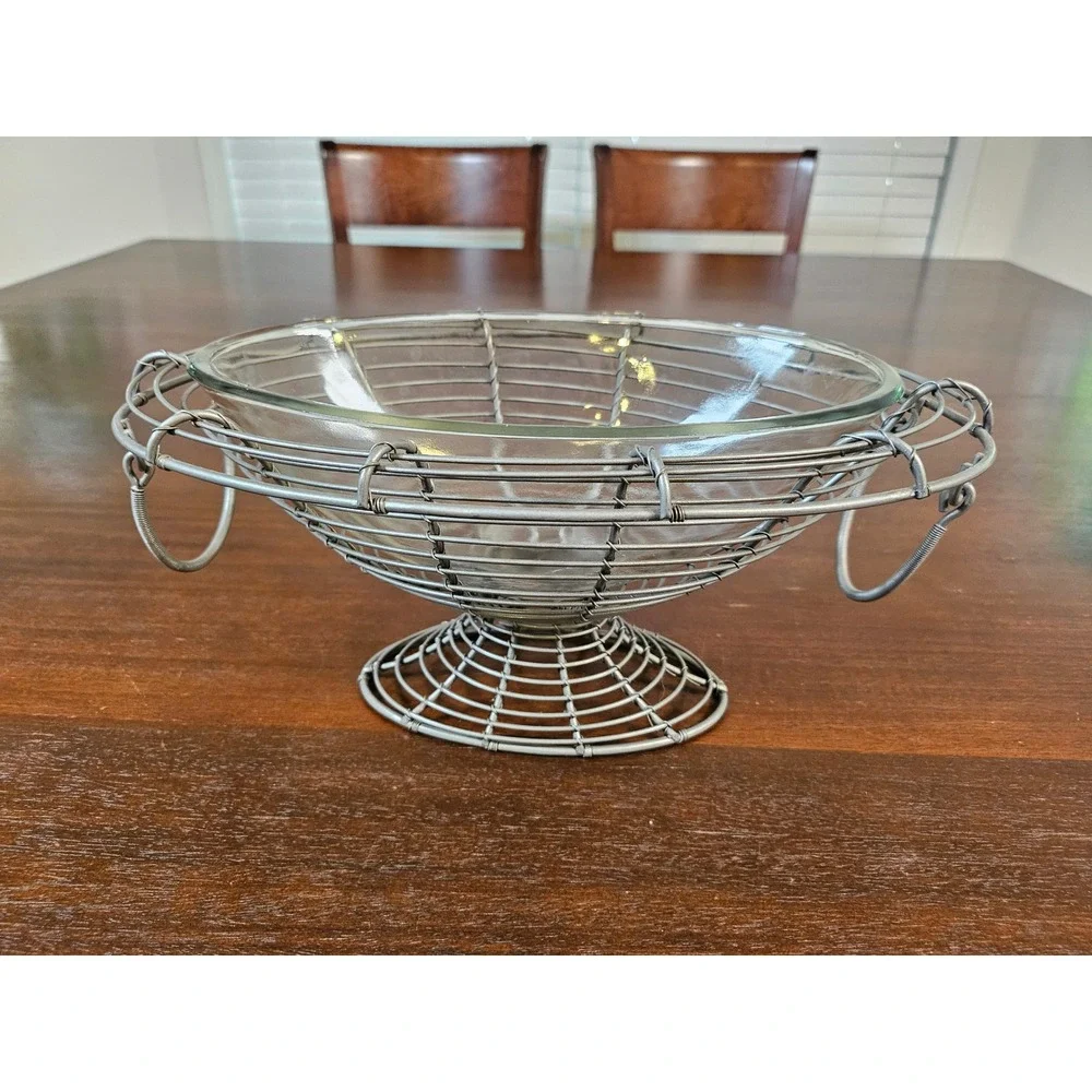 Wire Fruit Bowl Centerpiece Home Decor Silver Metal Glass Insert